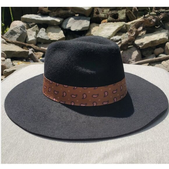 Black BOHO Wide Brim Fedora adjustable One Size Hat with Scarf Band - Picture 2 of 5